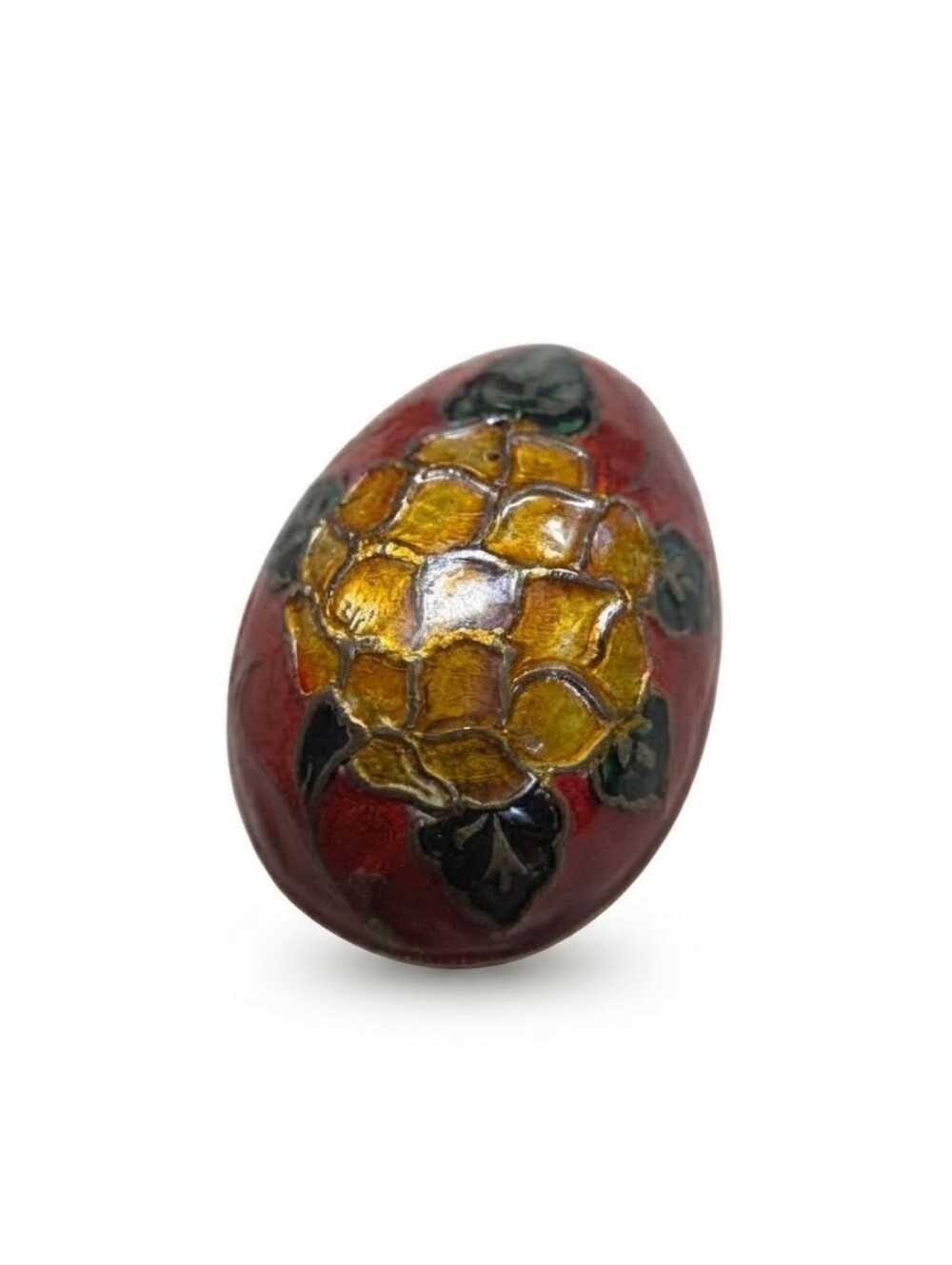 Vintage Cloisonne Solid Brass Egg | Hand Painted Red & Gold Floral Enamel Decor